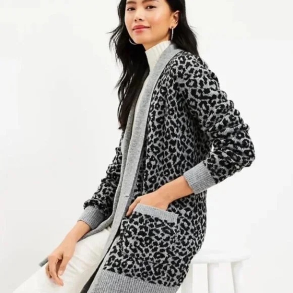 LOFT Gray Leopard Print Cardigan